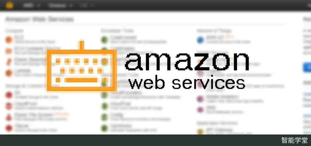 模糊的 AWS 控制台服务列表背景上,叠加橙色键盘图标和 amazon web services 黑色字样