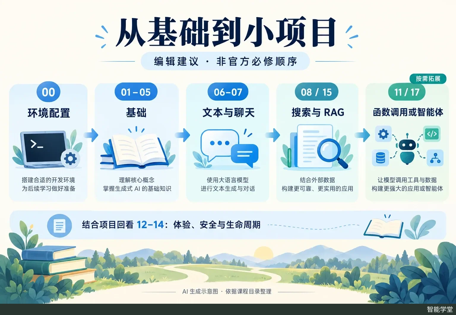 学习路线由环境配置和基础概念,依次通向文本聊天、搜索与RAG,再按需拓展函数调用或智能体。
