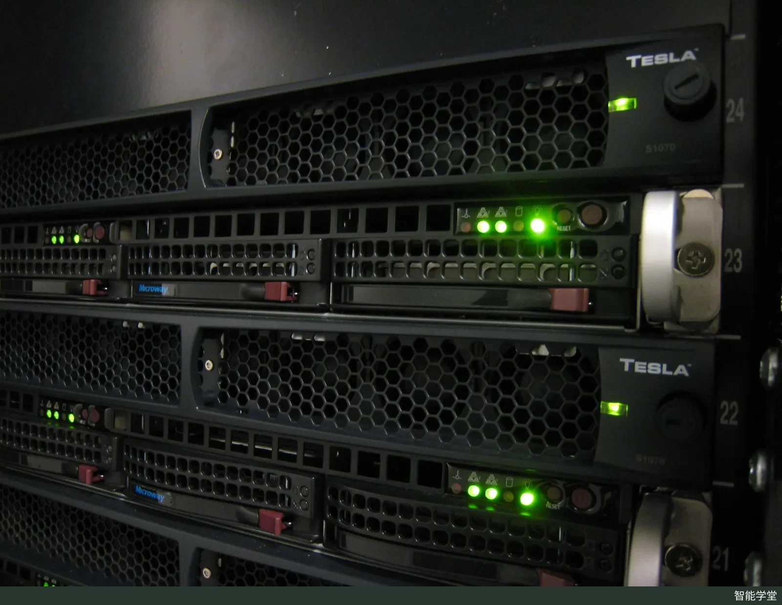 Compute cluster servers equipped with NVIDIA Tesla GPUs in a machine room, with multiple devices neatly arranged in racks
