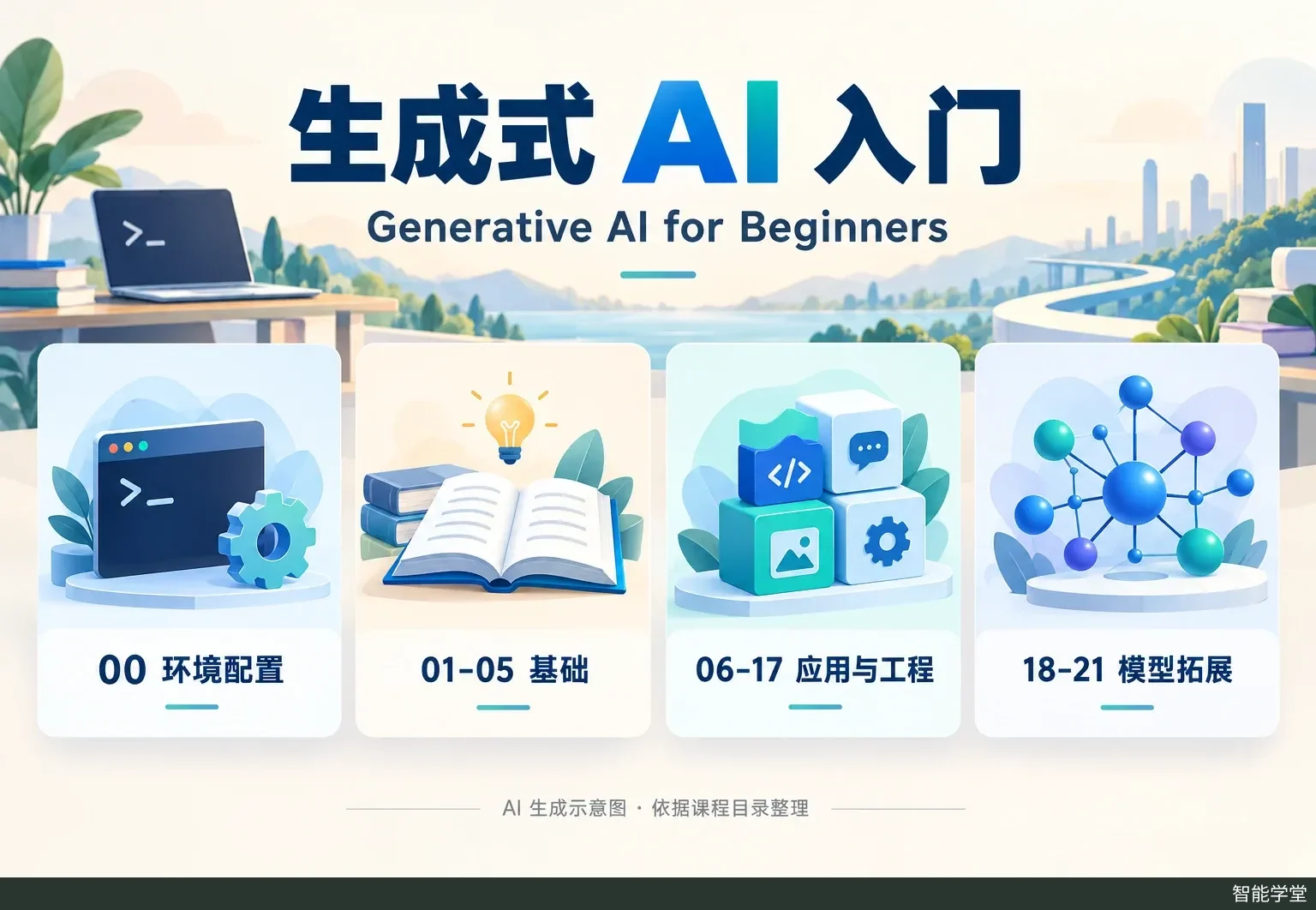 四张卡片以终端、书本、应用积木和模型网络展示环境配置、基础、应用工程及模型拓展。